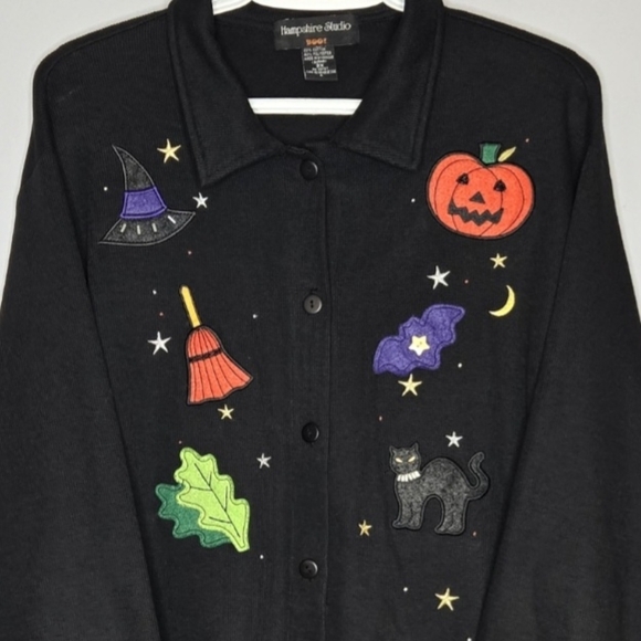 Vintage Halloween Knit Cardigan Sweater 3XL Witches Pumpkins Cats Hampshire Boo - Picture 1 of 8